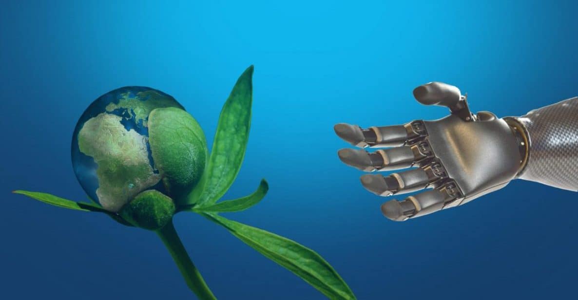 Robot hand reaching out to an earth growing out of a plant