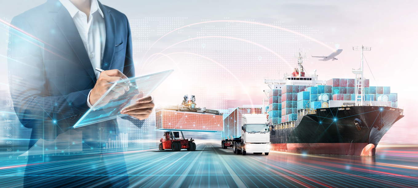 Container Ship, Trucks, and port vehicles connected by data streams that connect in a tablet that a man is holding