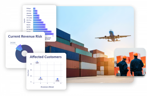 Dashboards und ein Containerlager, das von einem Flugzeug überflogen wird