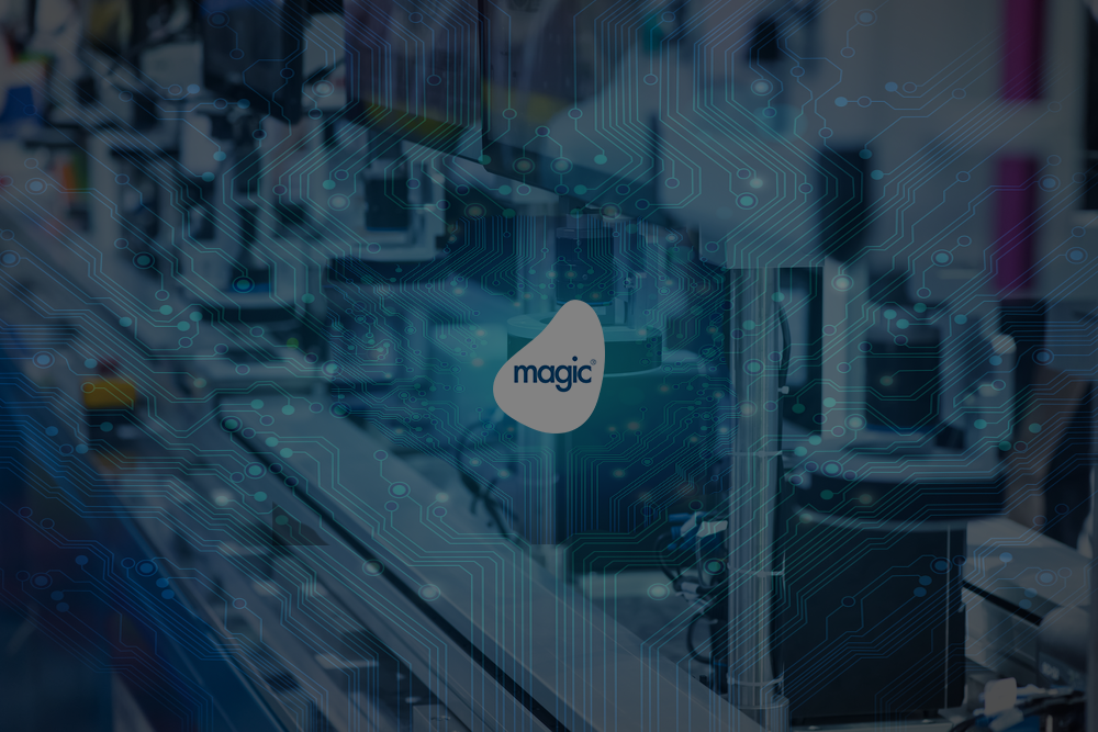 Magic logo on manufacturing background with data overlay